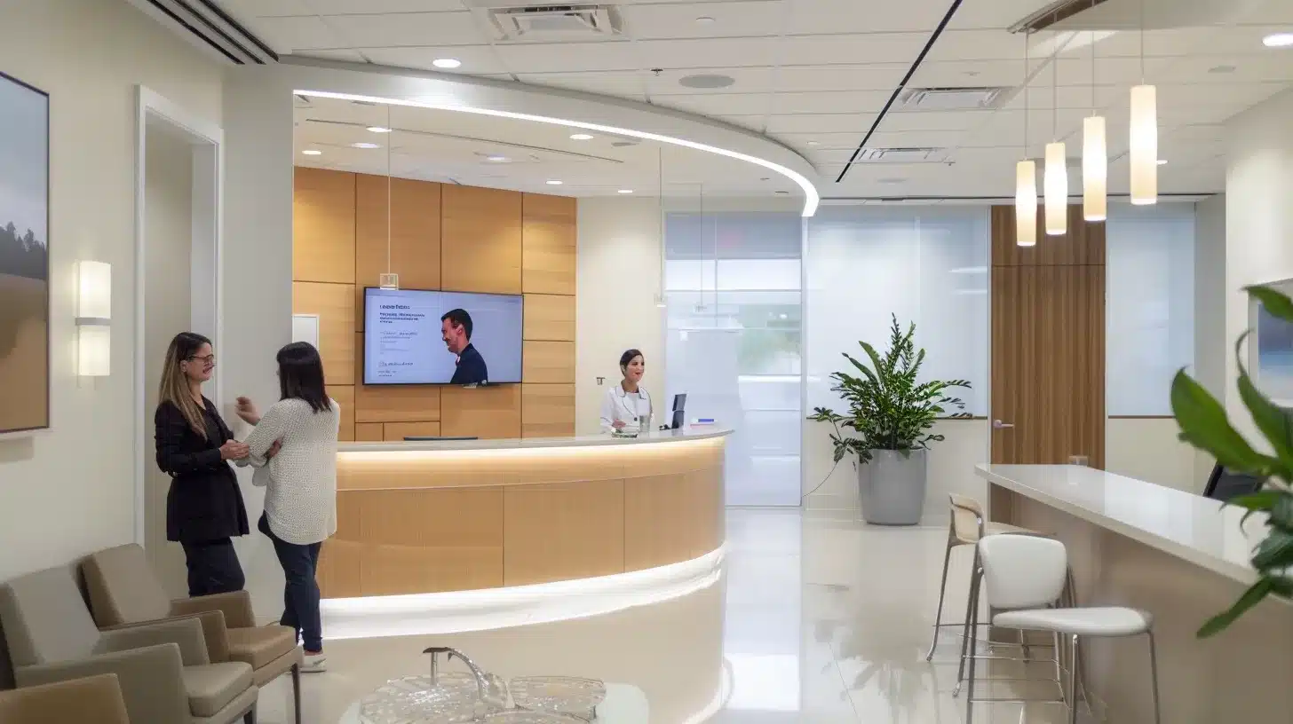 a bright, inviting dental consultation room showcases a modern implant display alongside a smiling patient discussing their oral health options with a professional, illuminated by warm, natural light.