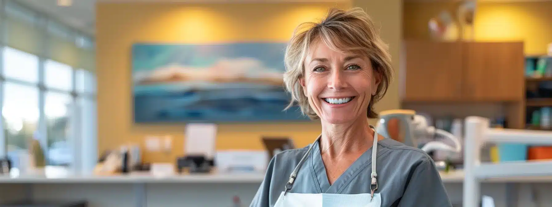 a bright, inviting dental office showcases a confident patient smiling with radiant, healthy teeth, highlighting the importance of regular follow-up visits for maintaining dental implants.