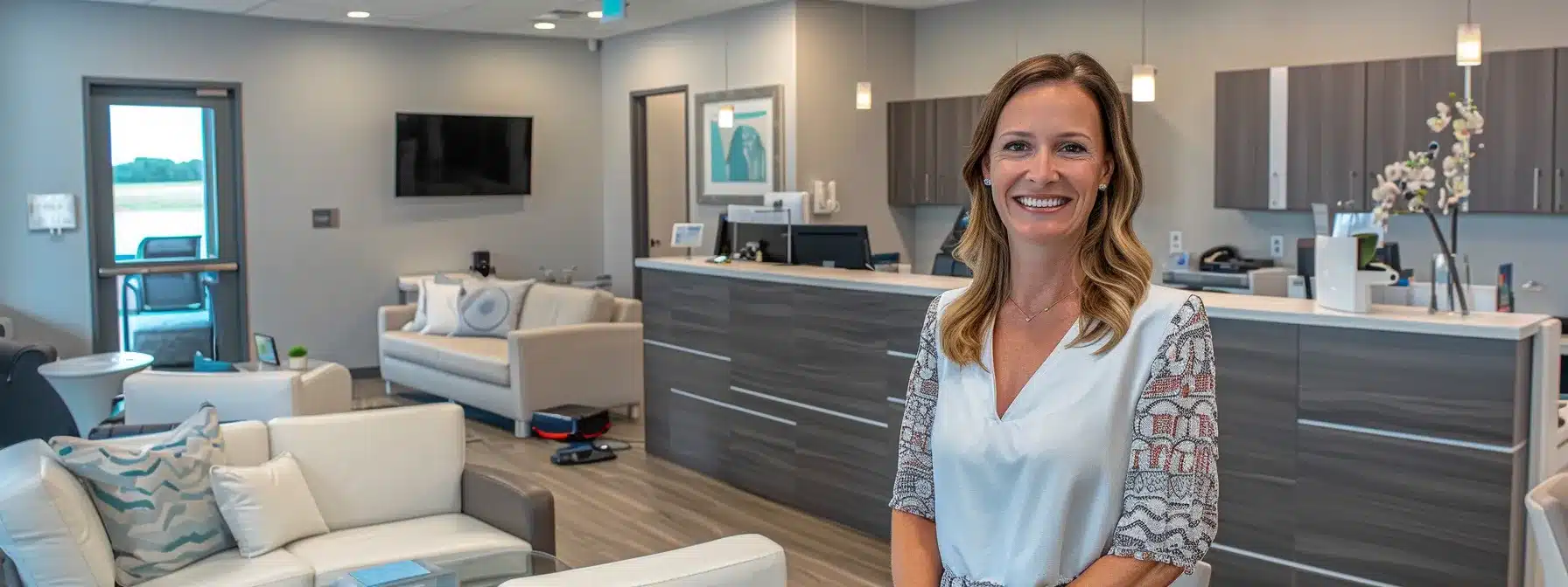 a bright, inviting dental office in fort worth showcases a confident patient smiling after receiving successful dental implants, with modern equipment and supportive staff in the background.