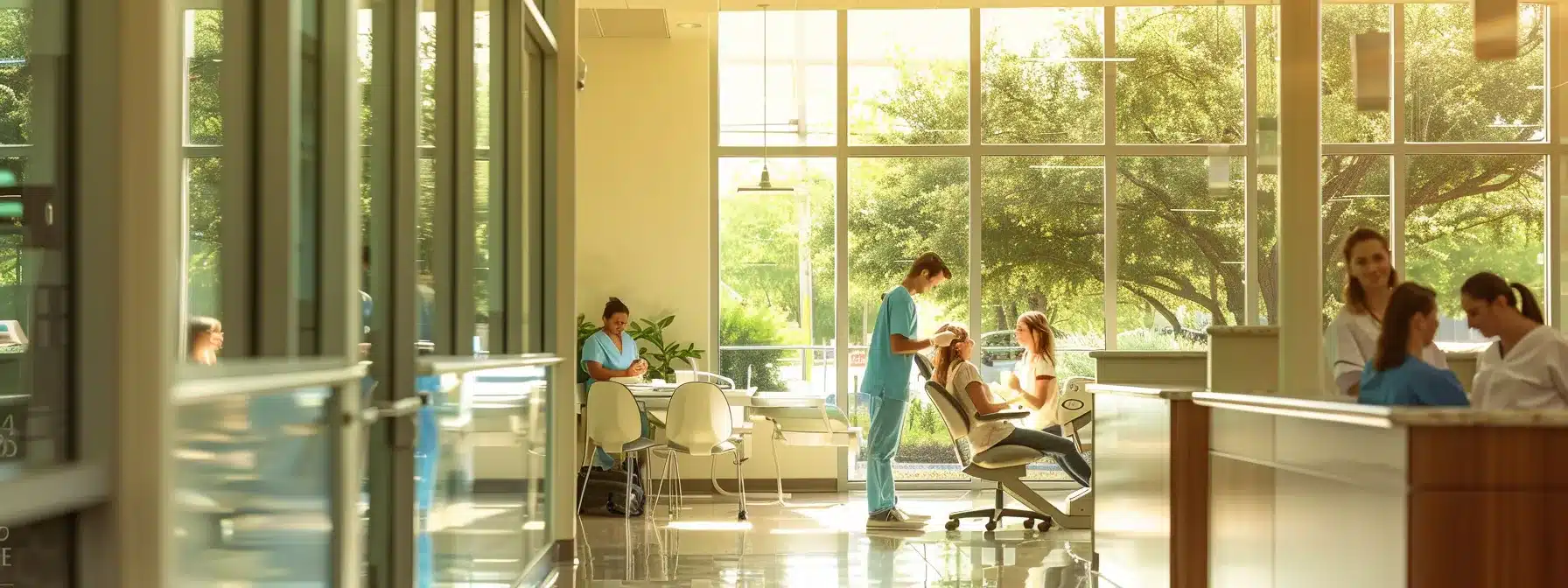 a bright, welcoming dental clinic in texas, showcasing student dentists attentively providing care to patients, with a focus on a satisfied individual receiving a smile-enhancing dental crown, illuminated by soft, natural light filtering through large windows.