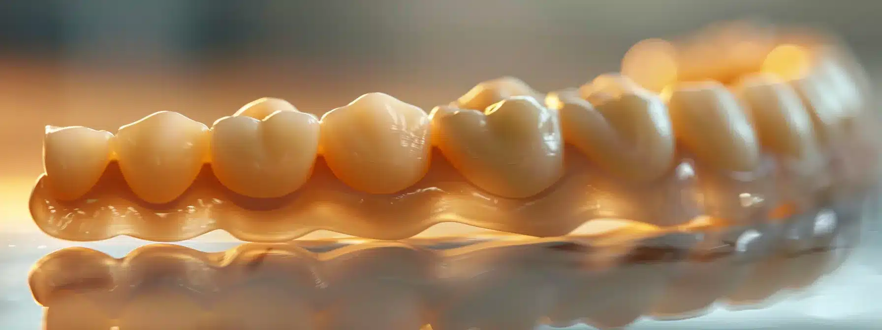 a close-up shot of a lifelike dental bridge crafted from innovative ceramic materials, elegantly displayed on a sleek surface, illuminated by soft lighting to highlight its natural appearance and intricate design.