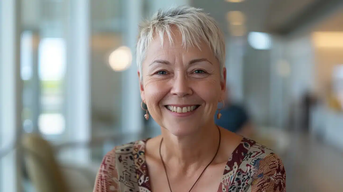 a close-up of a confident patient with a radiant smile, showcasing the transformative effects of dental implants, illuminated by soft, natural lighting in a modern dental clinic setting.
