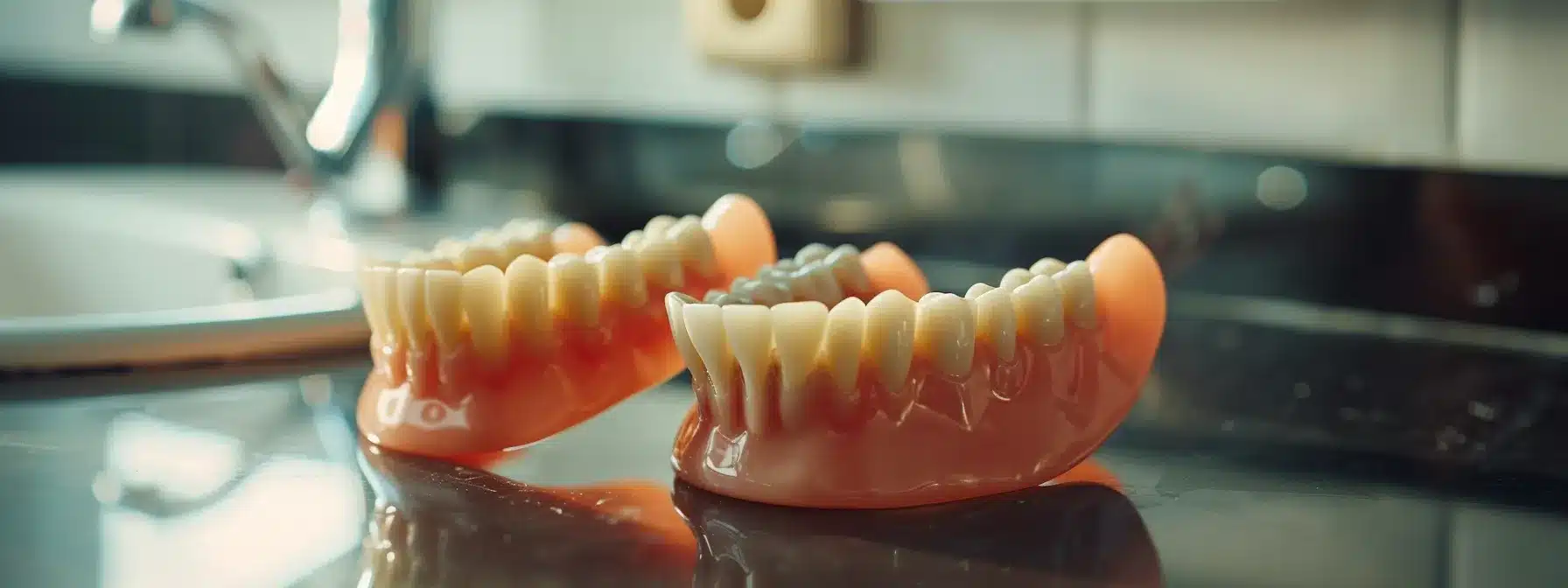 a close-up shot of a pair of dentures resting on a gleaming bathroom sink, with soft, diffused lighting highlighting their glossy surface, juxtaposed against a blurred background of a concerned individual's reflection in the mirror.