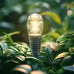 a close-up of a pristine dental implant gleaming under soft, natural light, surrounded by lush green foliage, symbolizing optimal oral health and care.