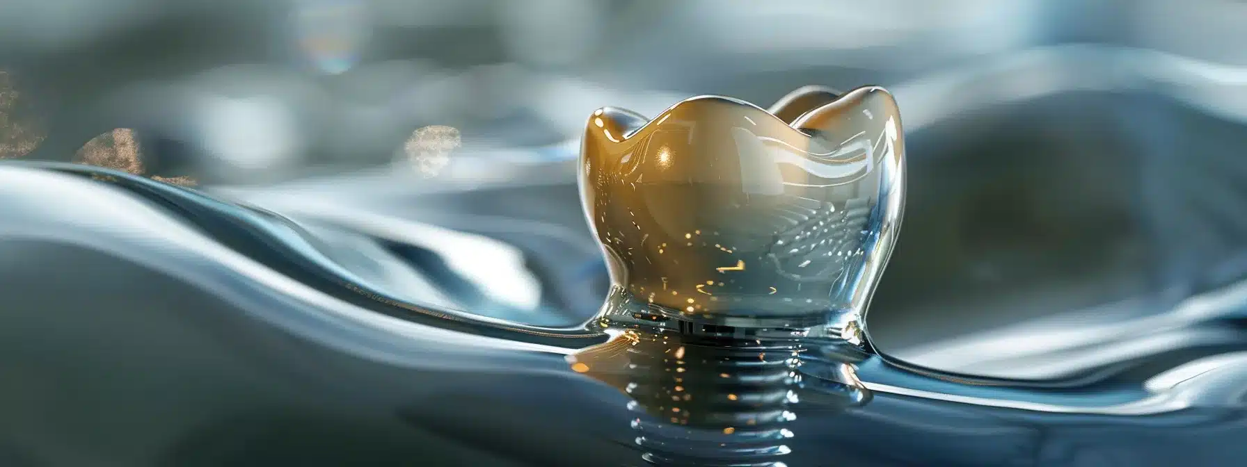 a close-up of a gleaming dental implant resting on a pristine, polished surface, illuminated by soft, diffused lighting that highlights its intricate metallic details, symbolizing the importance of meticulous aftercare for long-lasting dental success.