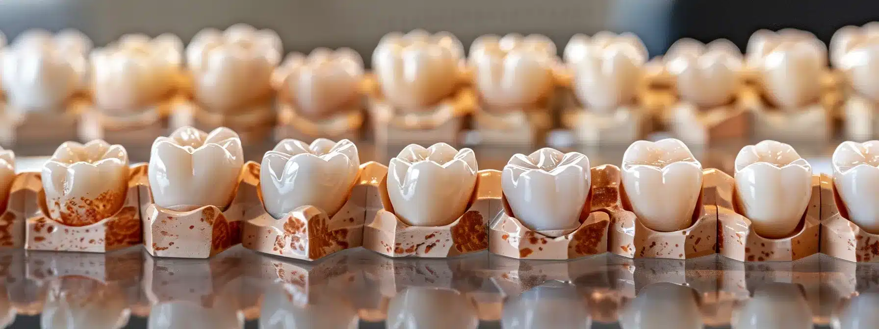 a close-up shot of a diverse array of dental crowns made from porcelain, metal, and resin, arranged artistically on a sleek surface, illuminated by soft, natural light to highlight their textures and colors, reflecting the complexity of dental care decisions in longview.