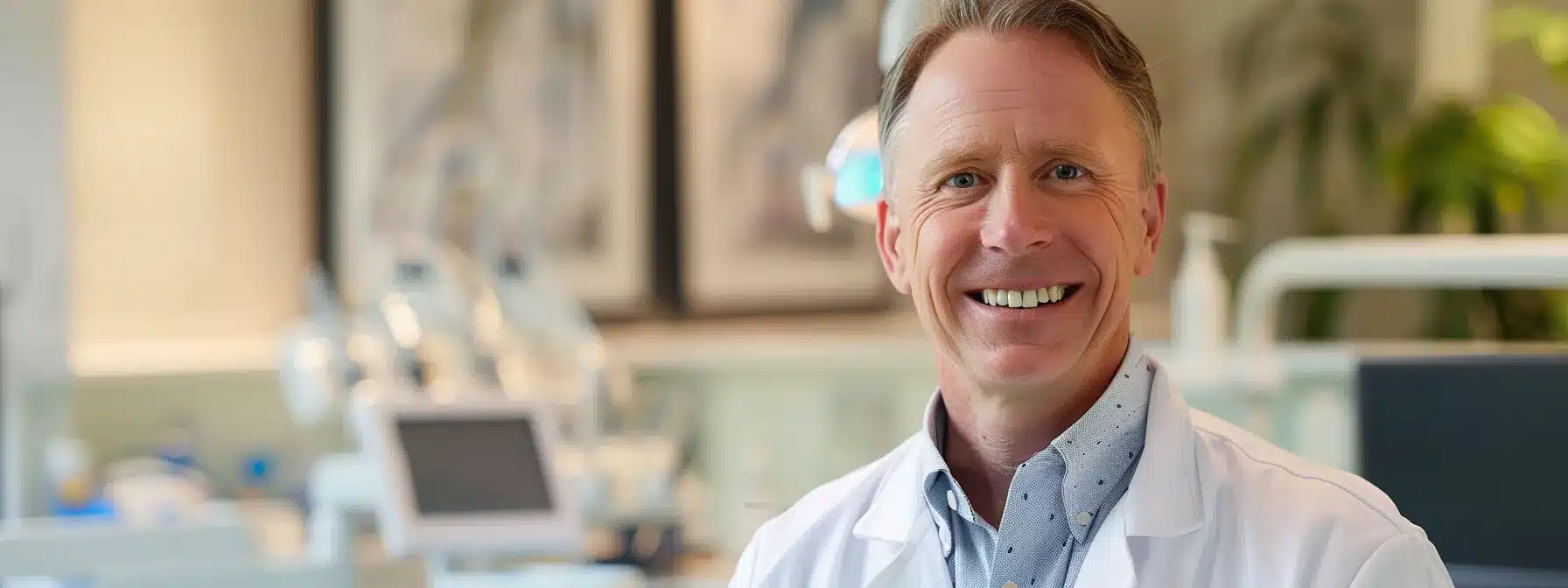 a close-up, well-lit portrait of a smiling individual showcasing a flawless set of dental implants, surrounded by a serene dental clinic environment that conveys comfort and professionalism.