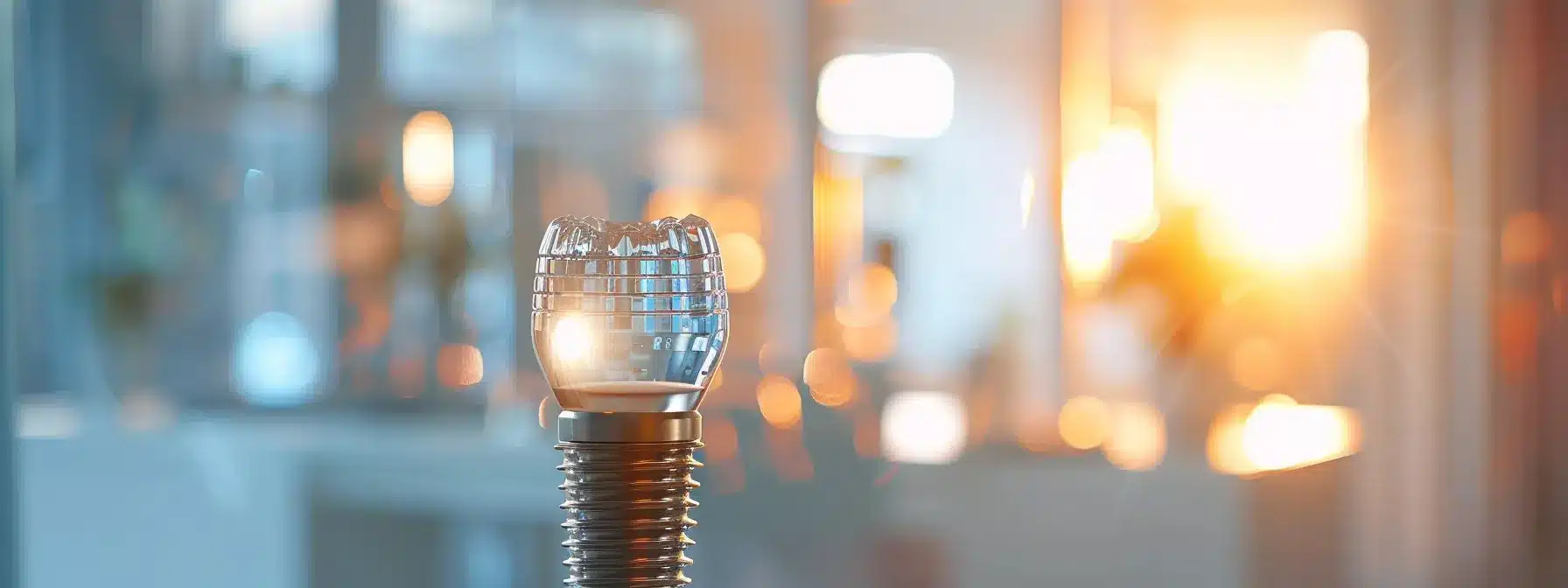 a close-up image of a gleaming titanium dental implant positioned against a softly blurred background of a bright dental clinic, symbolizing modern solutions for tooth restoration with a focus on accessibility and care.