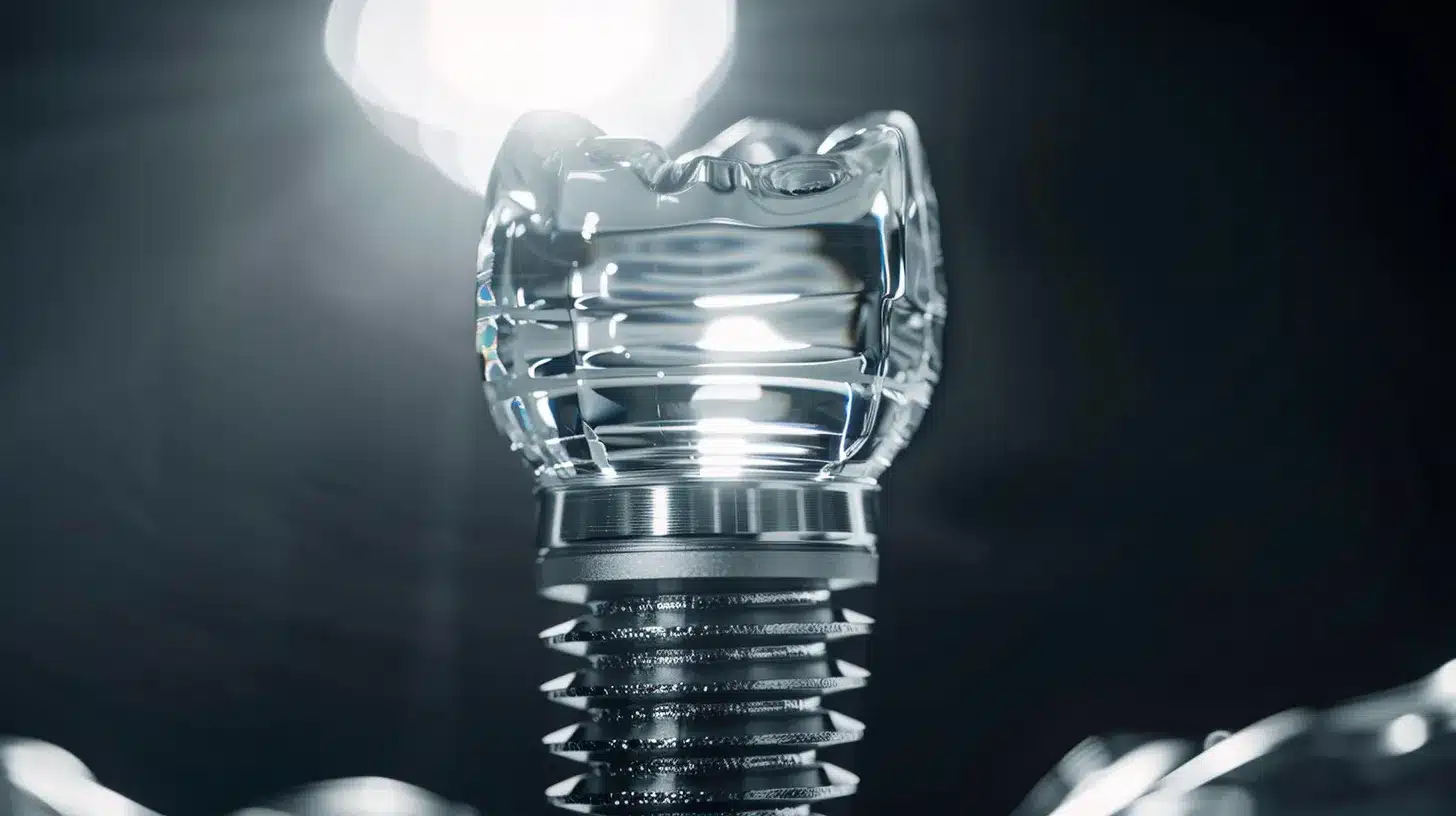a close-up of a flawless dental implant gleaming under bright, natural light, symbolizing durability and the restoration of oral function in a shared moment of joy and confidence.