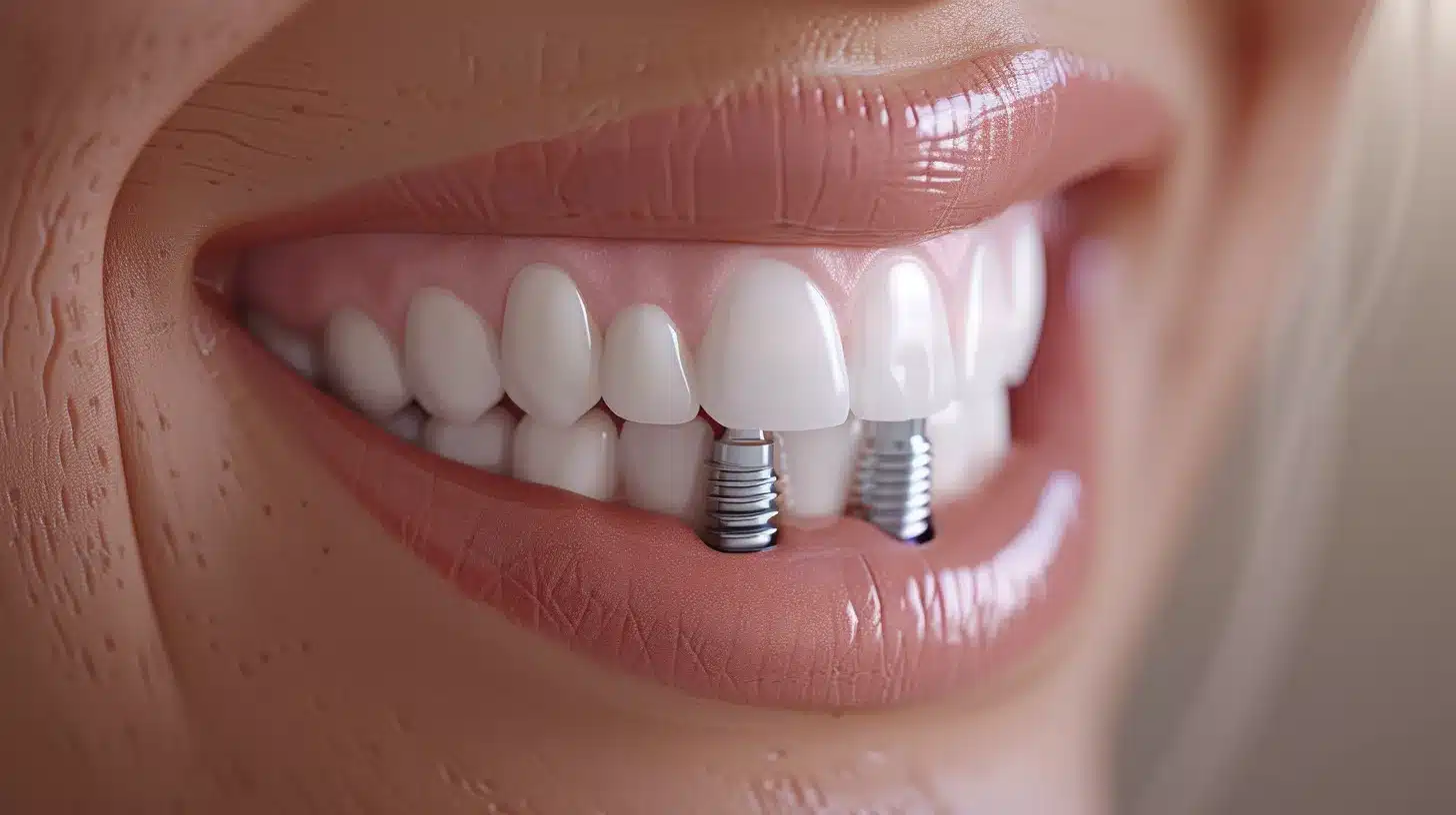 a close-up of a radiant smile showcasing flawless, natural-looking dental implants, perfectly lit to highlight their seamless integration and aesthetic appeal, set against a soft, inviting background.