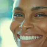 a close-up of a confident individual with a radiant smile, showcasing a vibrant, natural dental implant alternative in a soft, well-lit dental clinic, emphasizing the theme of innovative dental solutions.