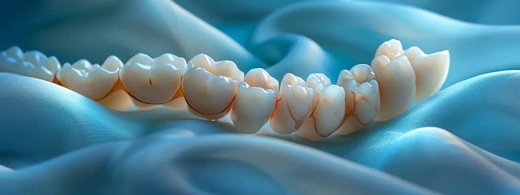 a close-up of a beautifully arranged set of modern dentures on a soft blue fabric backdrop, highlighting the intricate detail and lifelike appearance of the teeth, illuminated by soft, natural lighting to evoke a sense of comfort and confidence in dental health.