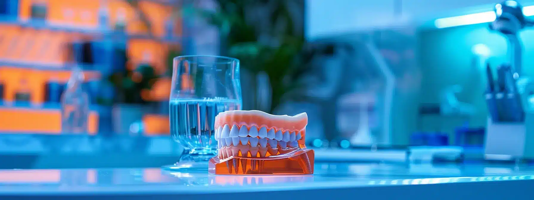 a close-up shot of a vibrant dental implant model displayed against a modern dental clinic backdrop, highlighting the innovative technology and aesthetic appeal of dental solutions.