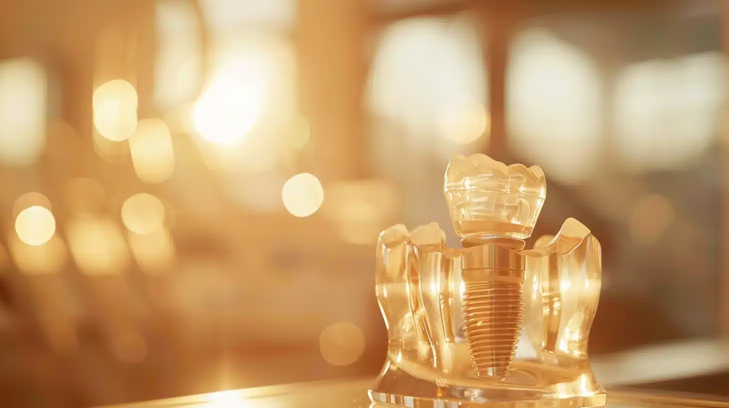 a close-up of a detailed dental implant model against a soft, blurred clinic background, illuminated by warm, natural light, symbolizing innovative tooth replacement solutions for optimal dental health.