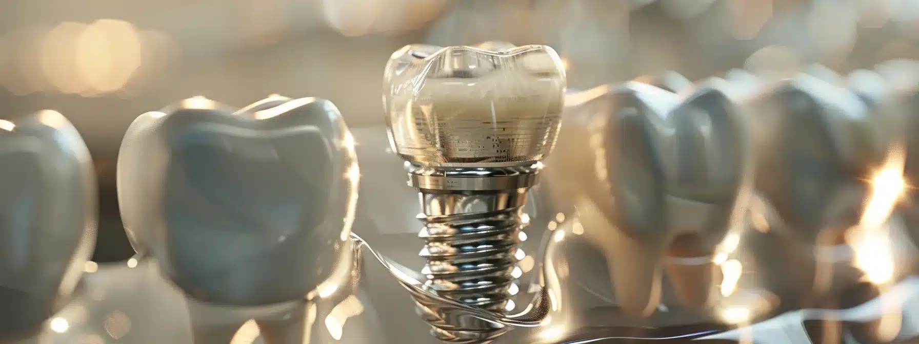 a close-up shot of a gleaming titanium dental implant on a polished surface, with soft, diffused lighting highlighting the intricate details, symbolizing the advanced technology and investment in oral health.