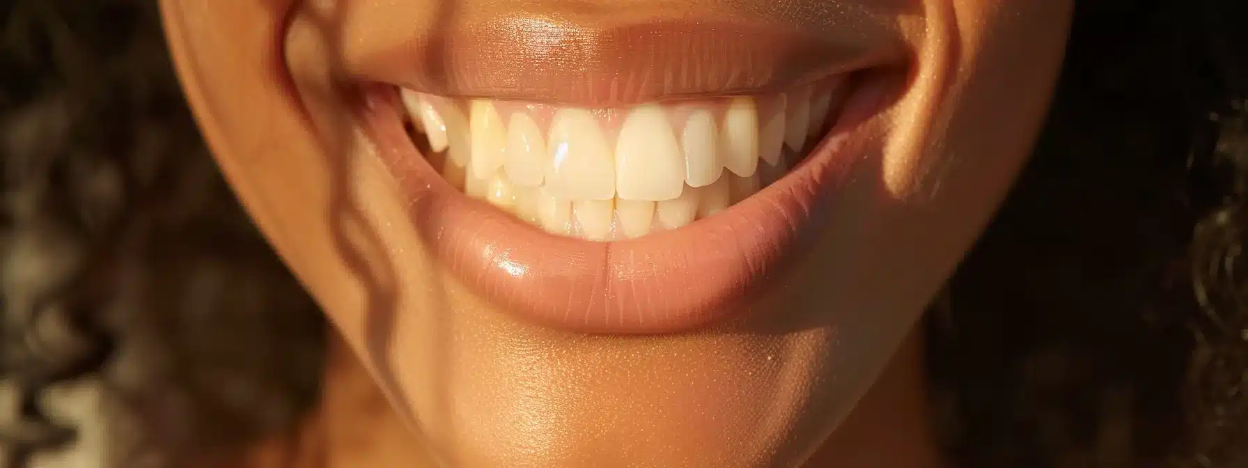 a close-up view of a radiant smile showcasing pristine dental implants, illuminated by soft, warm lighting to emphasize the natural beauty and craftsmanship of modern dental care in a welcoming clinical setting.