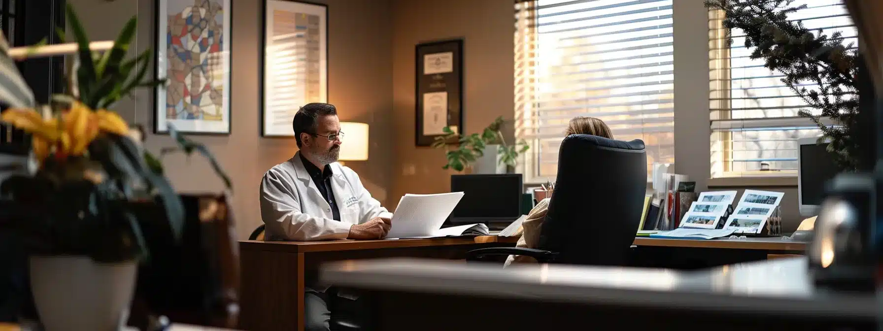 a compassionate dentist reviews a patient's financial documents in a warmly lit office, symbolizing the accessibility of affordable dental implant payment plans without credit checks.