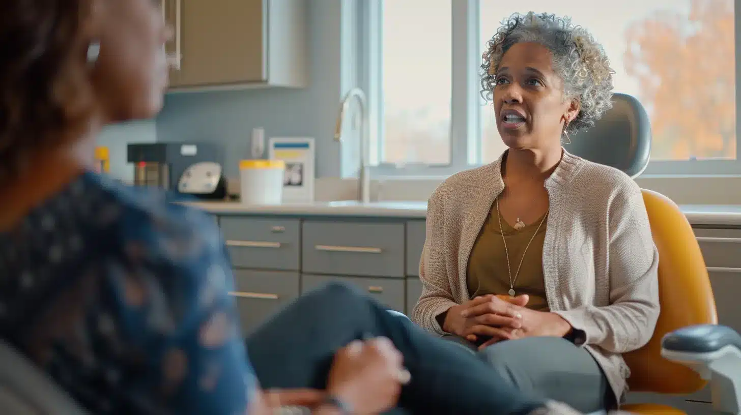 a concerned patient sits in a bright, sterile dental office, attentively discussing post-surgery recovery tips with a knowledgeable dentist, conveying the importance of awareness and proactive care after dental implant surgery.