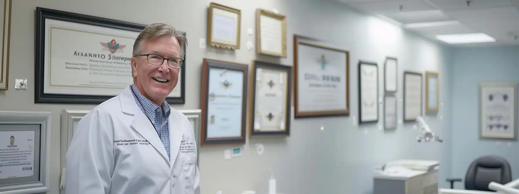 a confident dental implant surgeon, adorned in a crisp white coat, stands proudly in a modern clinic, with diplomas and certifications prominently displayed on the wall behind, symbolizing expertise and trust in patient care.