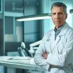 a confident implant dentist in a pristine, well-lit clinic, engaging compassionately with a patient, showcasing a blend of professionalism and warmth through their attentive expression and advanced dental tools in the background.