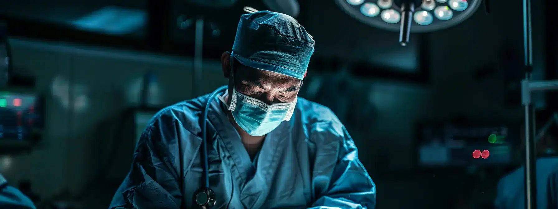 a confident implant surgeon, wearing a pristine surgical scrubs and focused expression, stands in a modern dental operating room, illuminated by soft overhead lighting that highlights their advanced tools and the intricate details of the implant procedure.