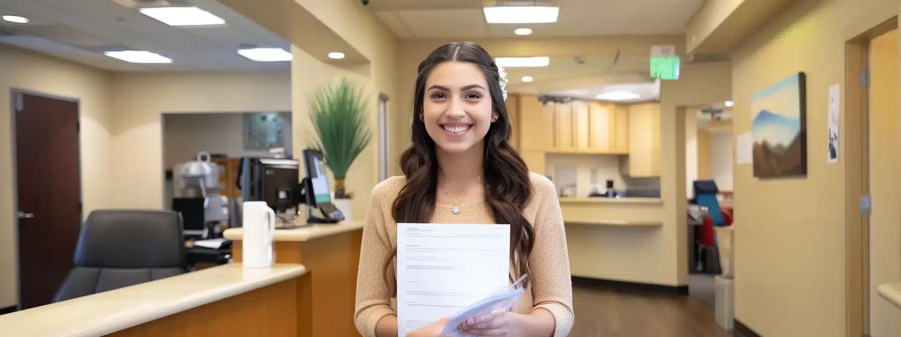 a confident individual stands in a bright, inviting dental office, holding financial documents with a hopeful expression, symbolizing the journey towards securing an affordable dental implants payment plan.