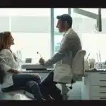 a confident patient consults with a skilled implant surgeon in a modern, well-lit clinic, surrounded by advanced dental technology, illustrating the importance of expert care in oral health.