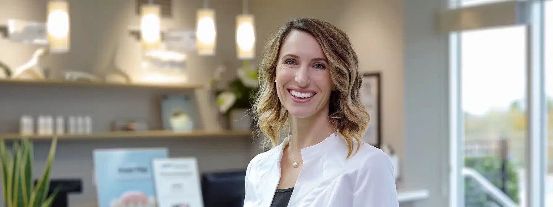 a confident patient smiles brightly in a modern dental office, surrounded by sleek technology and brochures detailing affordable dental implant payment plans, illuminated by soft, natural light streaming through large windows.