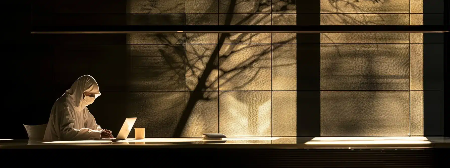 a contemplative figure sits at a table weighed down with dental bills and a laptop, casting an intricate shadow under warm, soft lighting, symbolizing the struggle of financing dental implants amidst credit challenges.