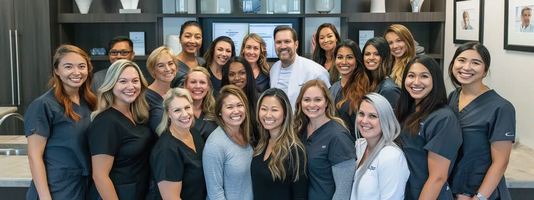 a diverse group of smiling patients, each showcasing their radiant smiles post-dental implant procedures, gathered in a bright, welcoming clinic environment that reflects hope and transformation.