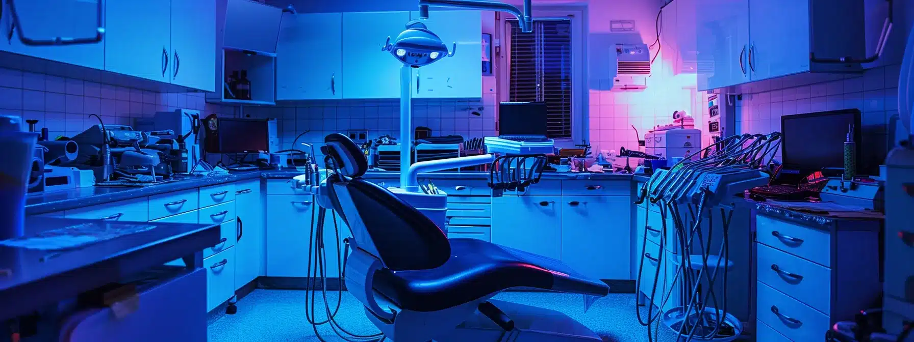a dramatic close-up of a dental emergency room with vivid lighting, showcasing a distressed patient in a dental chair, surrounded by tools and instruments, symbolizing the urgent need for extraction due to severe dental trauma.