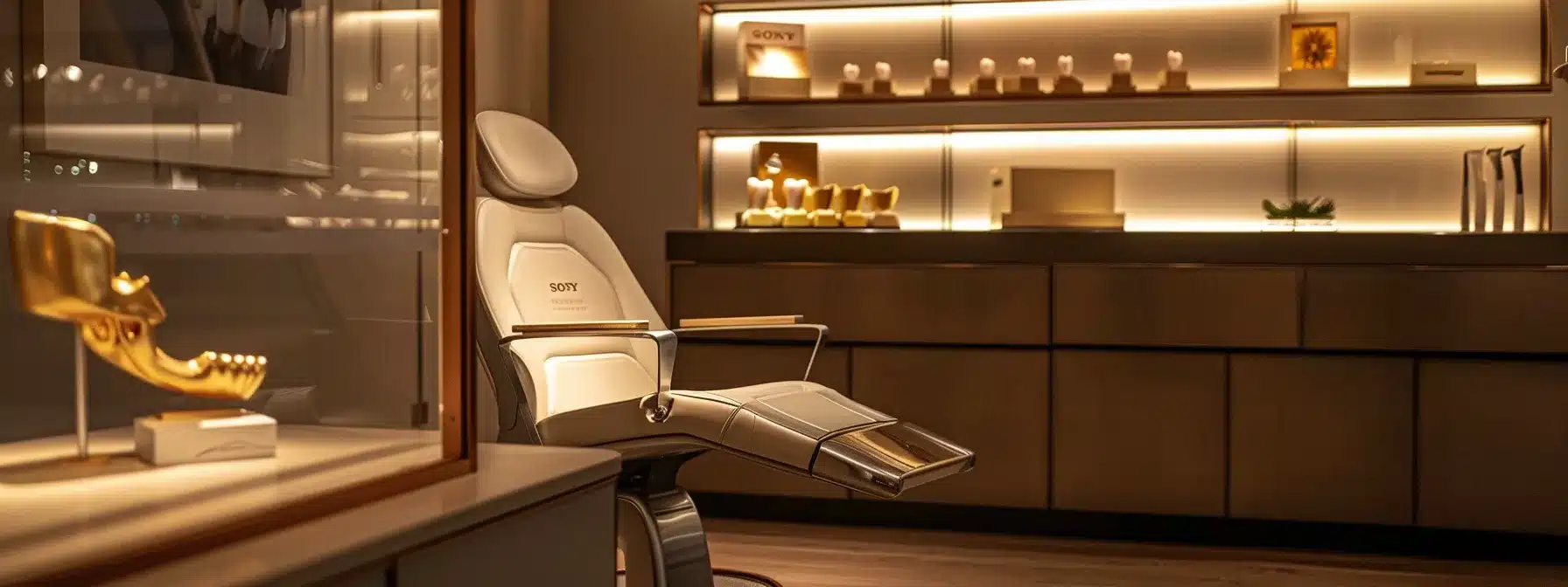a focused and dramatic close-up of a dental clinic's sleek consultation area, featuring an inviting chair and a glowing display of dental implant models under soft, warm lighting, symbolizing the financial investment and advancements in cosmetic dentistry.