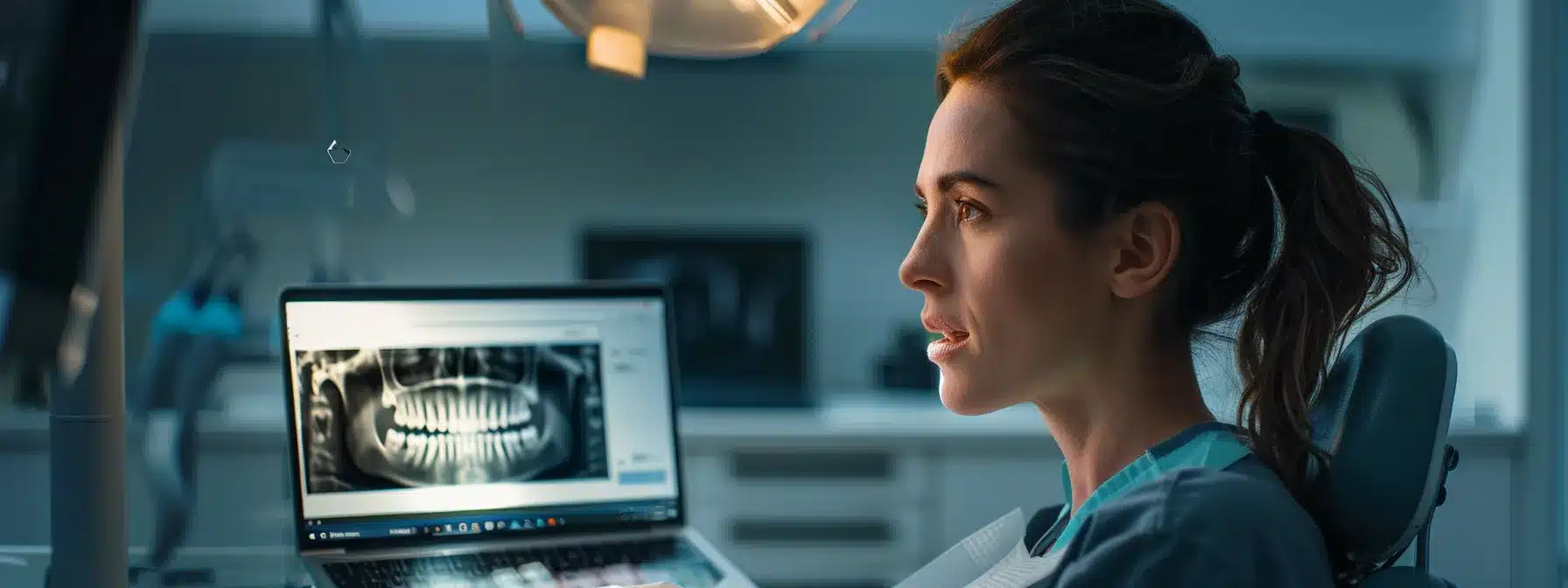 a focused, high-resolution image of a concerned patient reviewing positive and negative online reviews on a laptop screen, illuminated by warm light in a modern, inviting dental office setting.