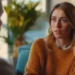 a focused portrait of a thoughtful patient engaged in a candid conversation with a skilled implant surgeon in a modern, well-lit clinic, emphasizing trust and professionalism.