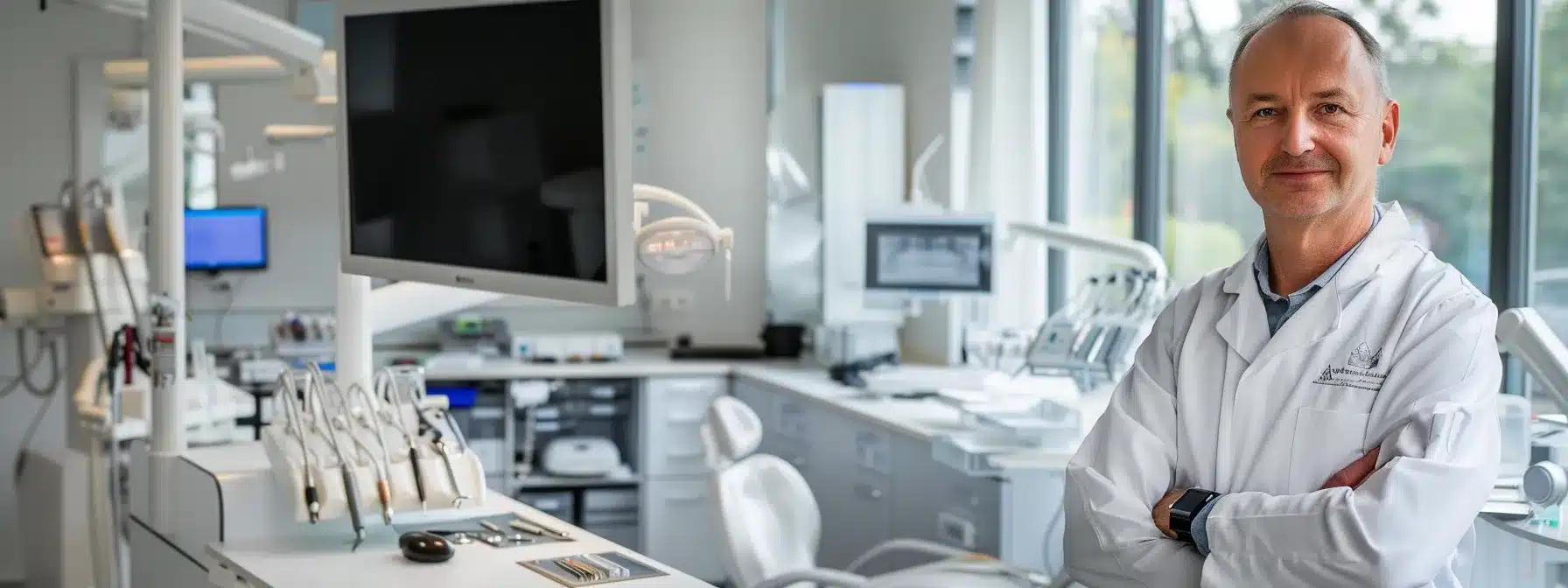 a focused portrait of a confident dental surgeon in a bright, modern clinic, surrounded by dental tools and diagrams, conveying professionalism and expertise in the field of dental implants.