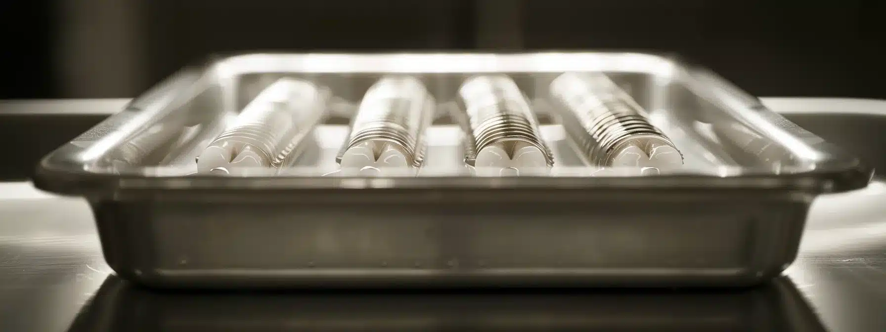 a gleaming set of dental implants rests on a pristine dental tray, illuminated by soft, focused lighting, symbolizing the importance of long-term care and maintenance in enhancing oral health.