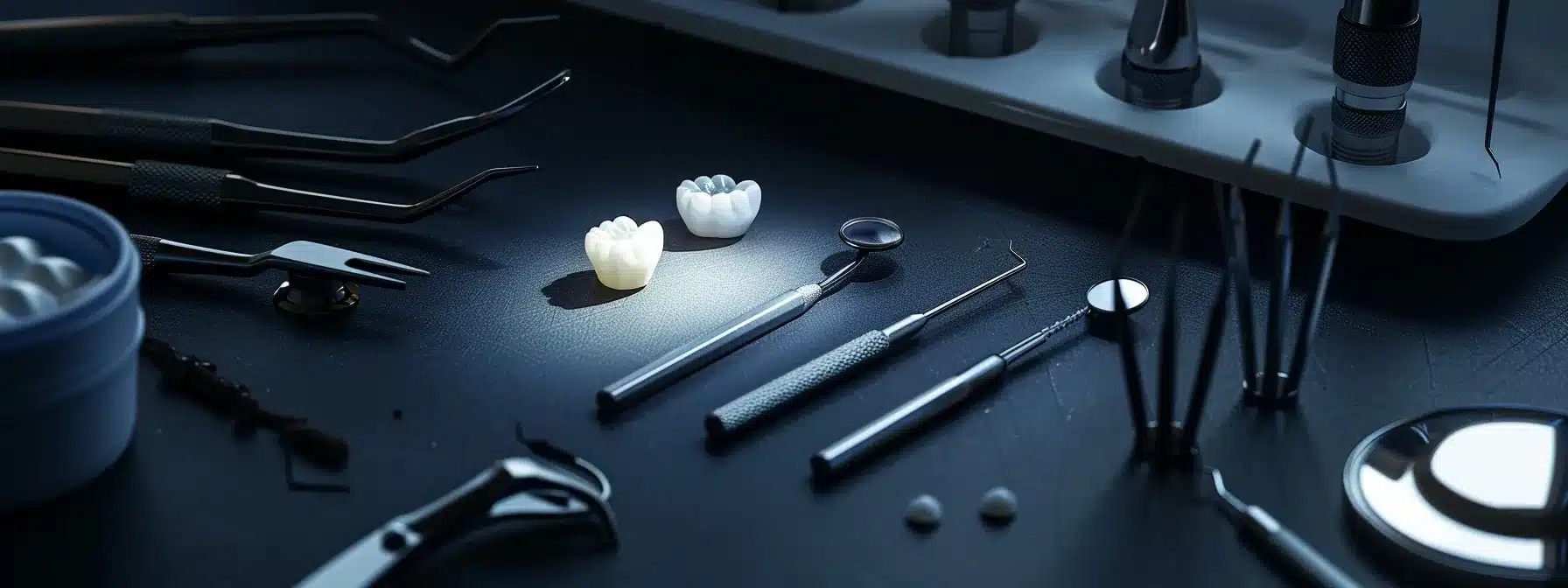 a gleaming set of dental implants shines under soft, focused lighting, surrounded by tools symbolizing effective oral care practices, conveying the importance of meticulous maintenance for lasting dental health.