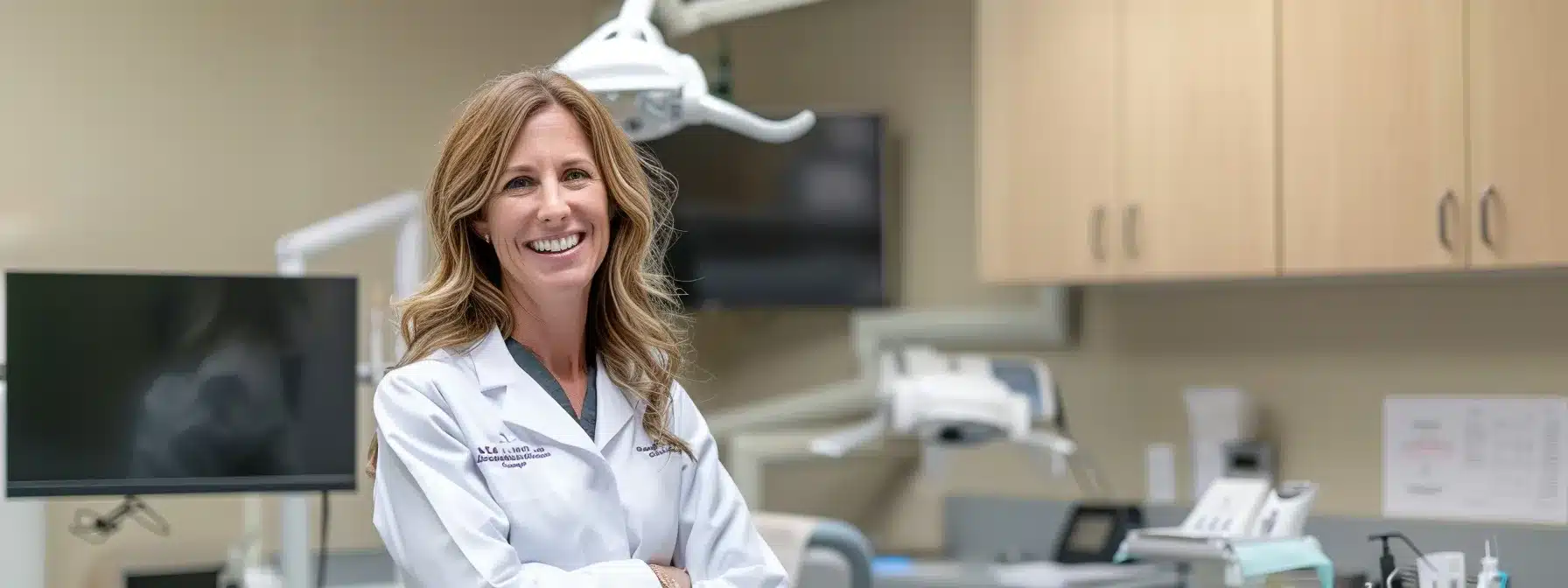 a highly skilled implant dentist confidently examines advanced dental technology in a modern clinic, radiating professionalism and patient care under bright, inviting lighting.