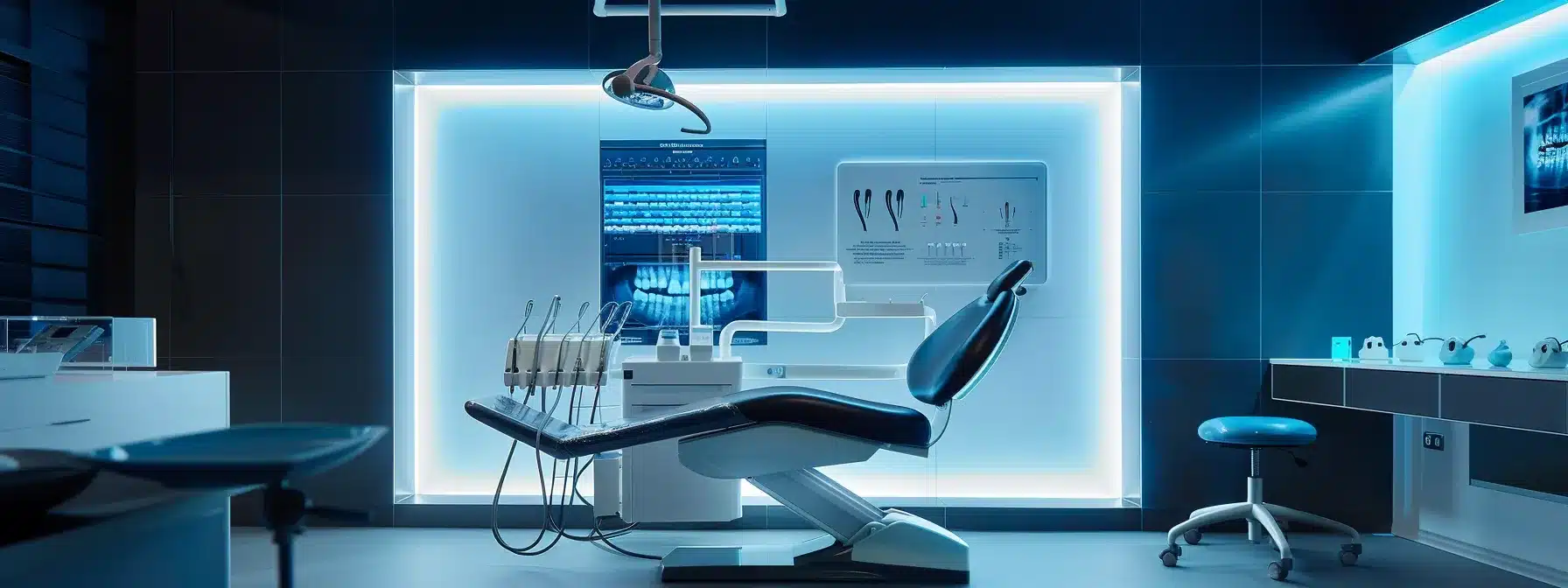 a modern dental consultation room in grand prairie, featuring a sleek dental chair illuminated by soft overhead lighting, with a backdrop of dental models and educational posters, conveying a sense of professionalism and advanced care for patients considering dental implants.