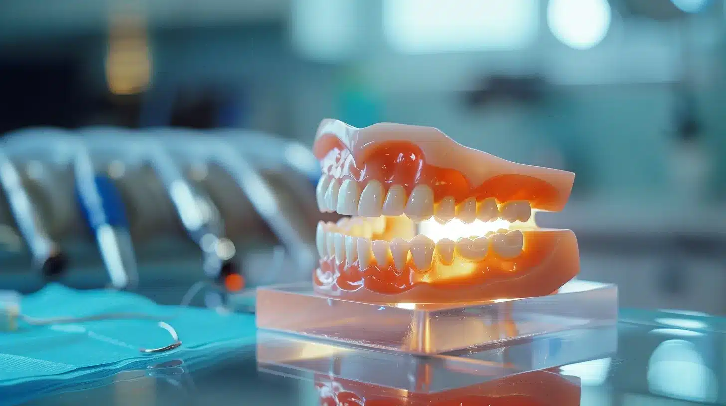 a patient thoughtfully examines their options between gleaming dental implants and natural-looking dentures, illuminated by warm, inviting light in a modern dental office.