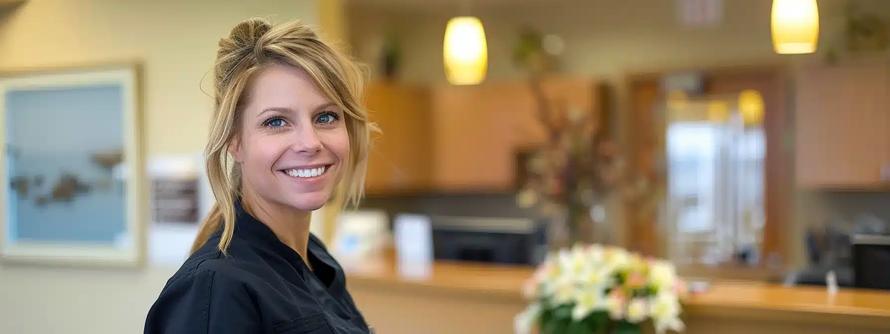 a radiant and confident individual smiles broadly, showcasing their newly restored teeth, surrounded by a warm, inviting dental office that emphasizes a sense of care and accessibility through flexible payment options.
