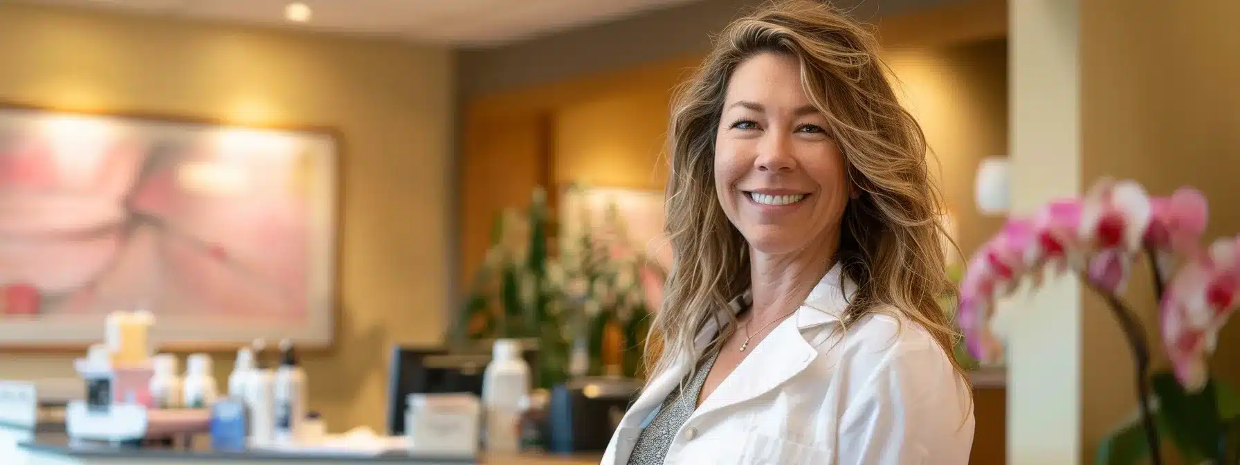 a radiant and confident individual with a vibrant smile stands in a well-lit dental clinic, showcasing the importance of long-term care for dental implants through a backdrop of dental tools and a welcoming atmosphere.