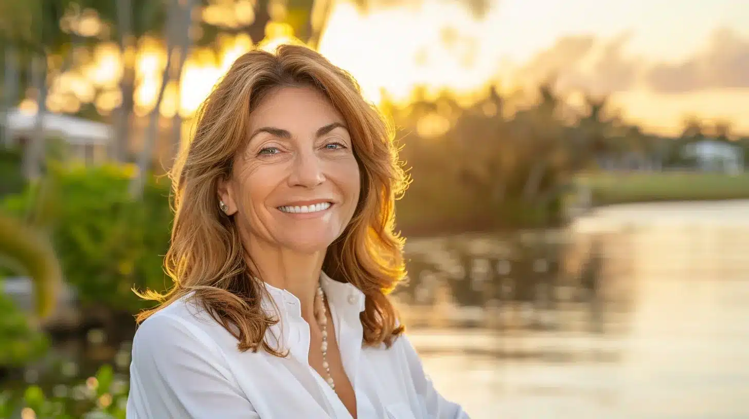 a radiant close-up of a confident, smiling individual in lake worth, showcasing flawless dental implants under soft, natural lighting, with a backdrop hinting at a vibrant, serene coastal environment.