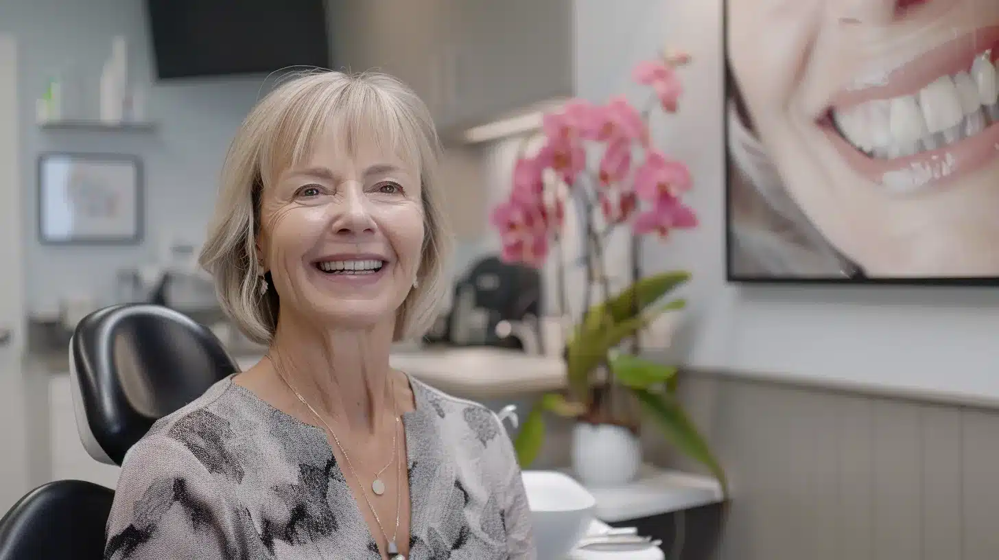 a radiant dental clinic showcases a satisfied patient smiling confidently, with a gleaming dental implant prominently displayed, highlighting the enduring financial benefits of investing in dental health.