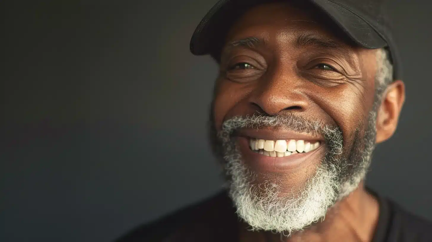 a radiant smile showcases the confidence and satisfaction of a person after dental implants, illuminated by soft, warm lighting against a clean, minimalistic background that emphasizes the importance of oral health and care.