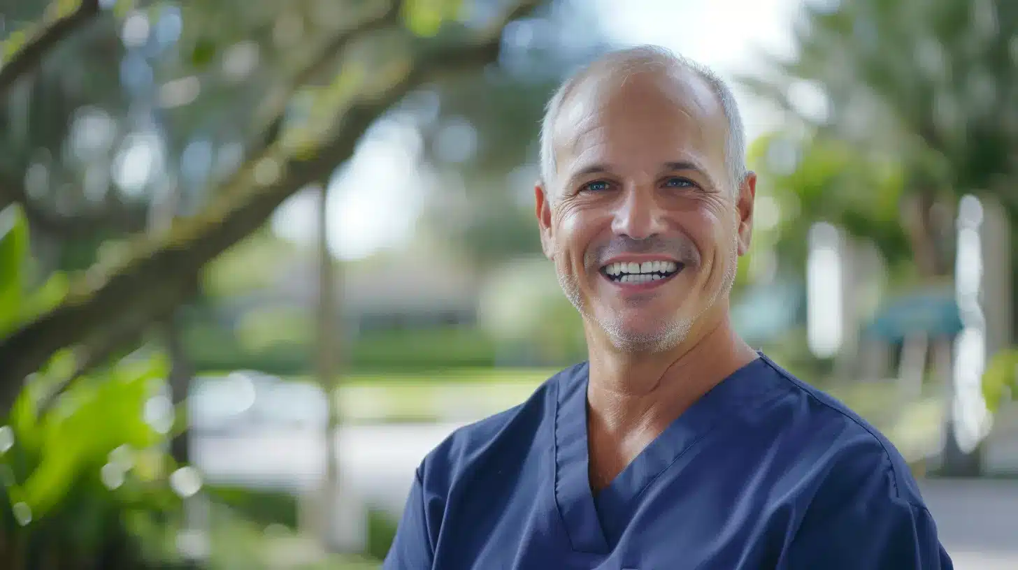 a radiant smile showcasing a perfectly integrated dental implant set against a serene backdrop of lake worth, highlighting the transformative impact of advanced dental solutions on oral health.