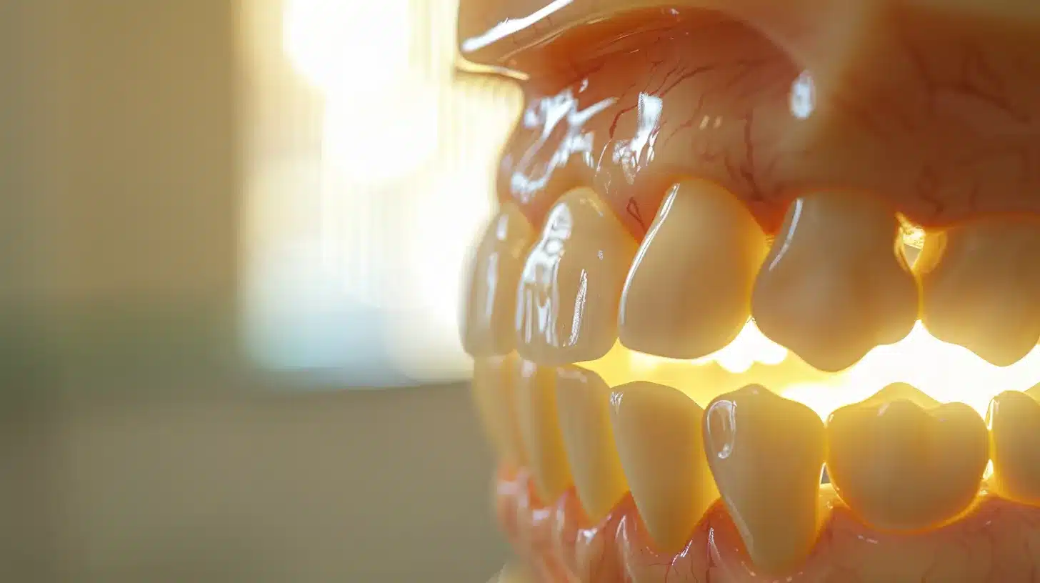 a radiant smile showcasing beautifully maintained dental implants, set against a softly lit, inviting dental clinic backdrop, emphasizing the theme of aesthetic longevity and care.