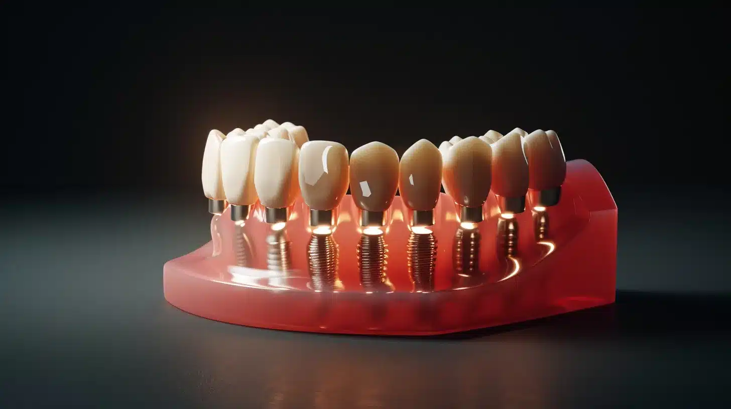 a radiant smile showcasing the transformation from dentures to sleek titanium dental implants, illuminated by soft, natural light that highlights the vibrancy of healthy teeth against a calm, neutral backdrop.