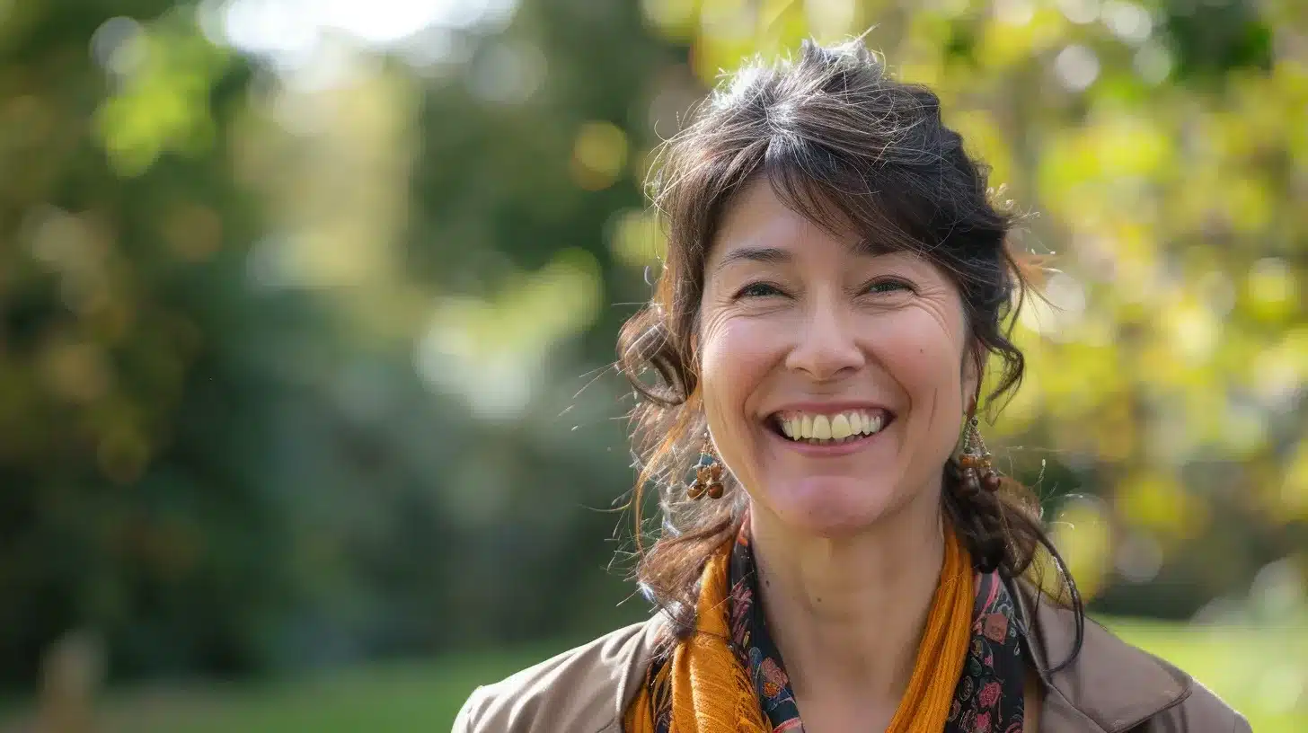 a radiant, smiling individual confidently showcases their bright, natural smile outdoors, embodying the transformative impact of dental implants on self-esteem and social engagement in a sunlit park setting.