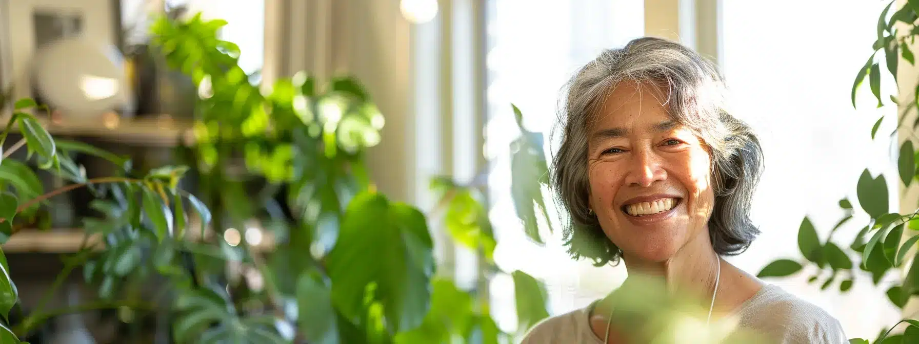 a radiant, smiling patient in a bright dental office, surrounded by vibrant greenery and sunlight, embodies the success of affordable dental implant payment plans, illustrating a journey to optimal oral health.